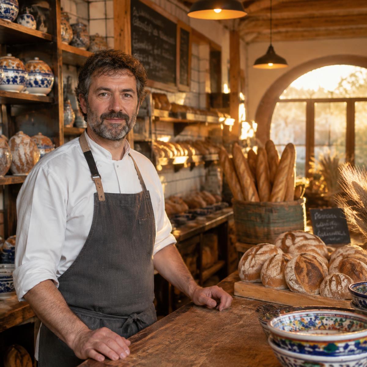 Bakker staat rustig en vol vertrouwen in zijn eigen bakkerij