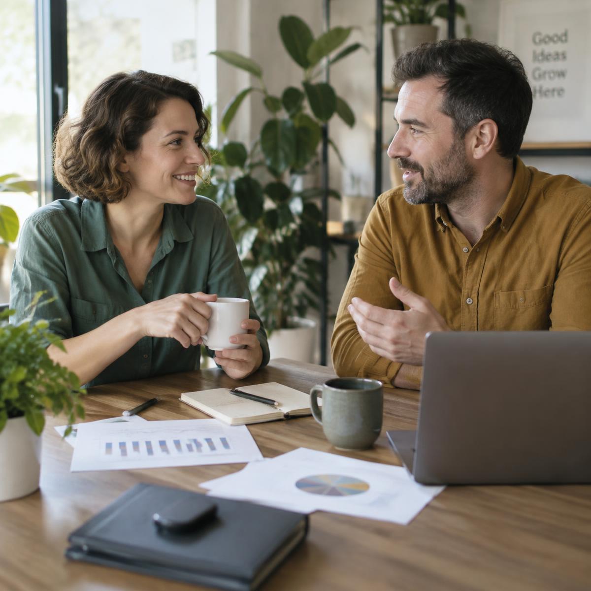 Twee ondernemers bespreken ontspannen hun voortgang