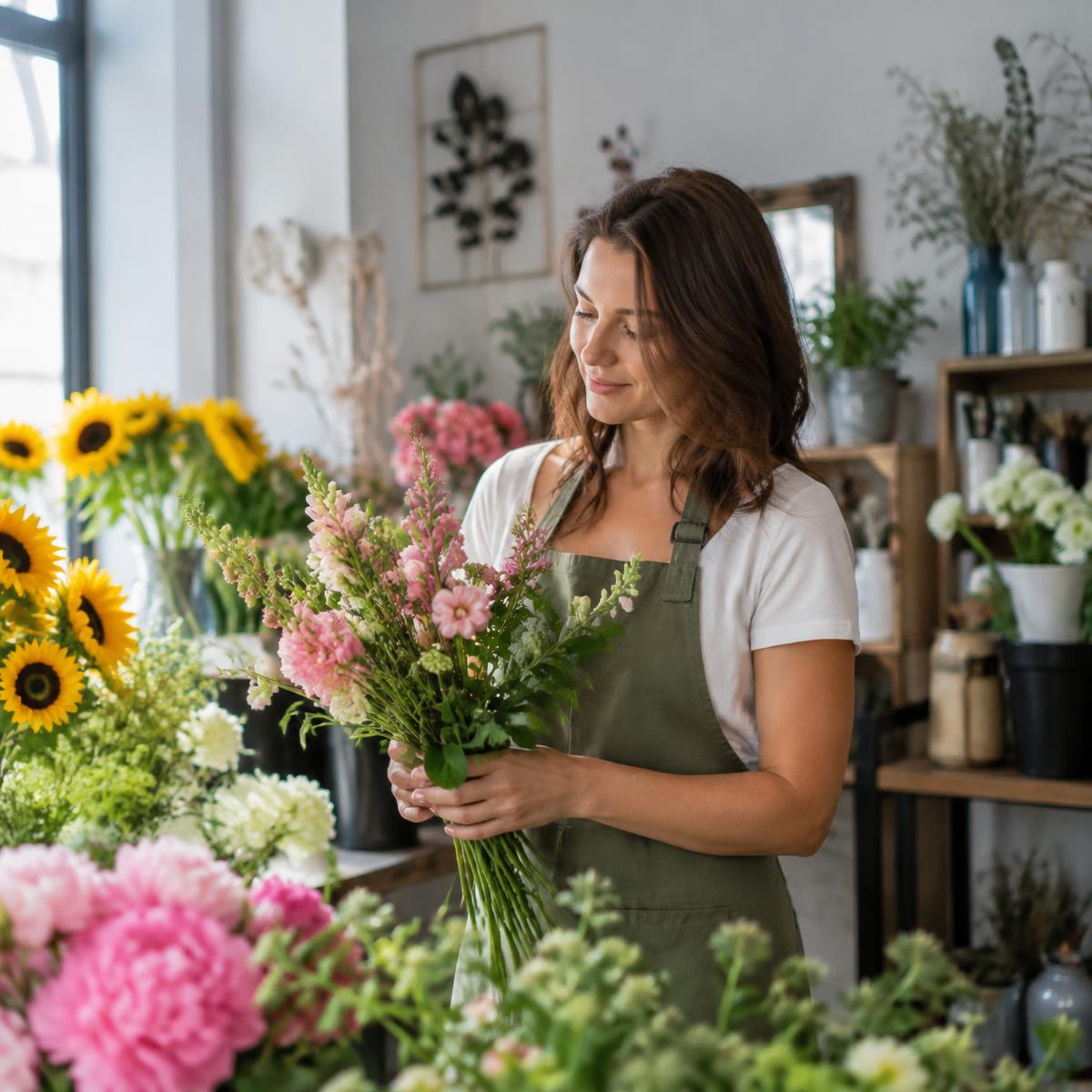 Bloemist werkt rustig in haar winkel